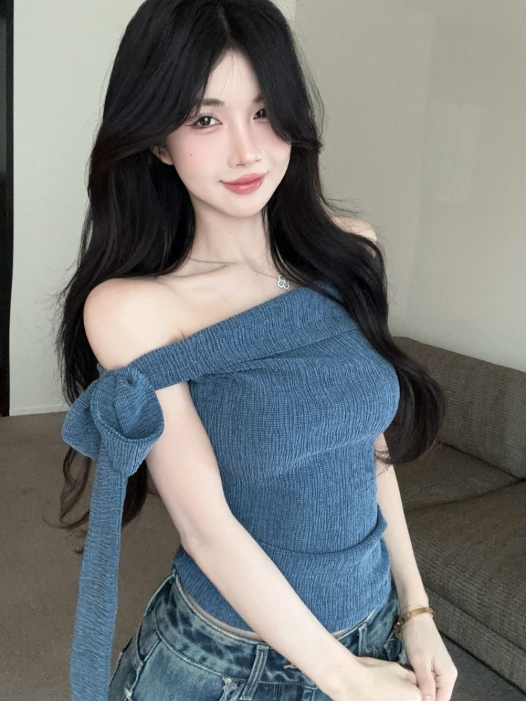 T Shirt Tight Fit - เสื้อยืดผู้หญิงแขนสั้นแบบผูกเอวไหล่เดียว สไตล์สาวเปรี้ยว ทรงเข้ารูป โชว์ไหล่ ดีไซน์หรูหรา สำหรับฤดูร้อน