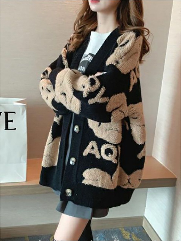 Thermal Long John - เสื้อคาร์ดิแกนถักสำหรับผู้หญิง ลายหมี ความยาวปานกลาง แบบเปิดด้านหน้า เนื้อผ้านุ่ม สไตล์เกาหลี