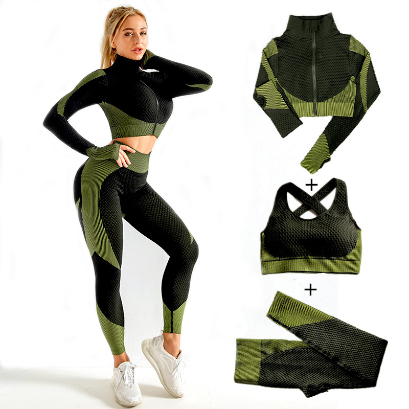Compression Long Pant - ผู้หญิงโยคะชุด2Pcs/3Pcs ซิปผู้หญิง Tracksuit ยาวแขนเสื้อ + บราทรงสปอร์ต
