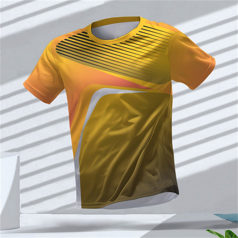 T Shirt Tight Fit - เสื้อยืดแขนสั้นผู้ชาย แห้งเร็ว ยืดหยุ่นสูง สีส้มไล่เฉดลายเรขาคณิต ระบายอากาศได้ดี ทรงเข้ารูป