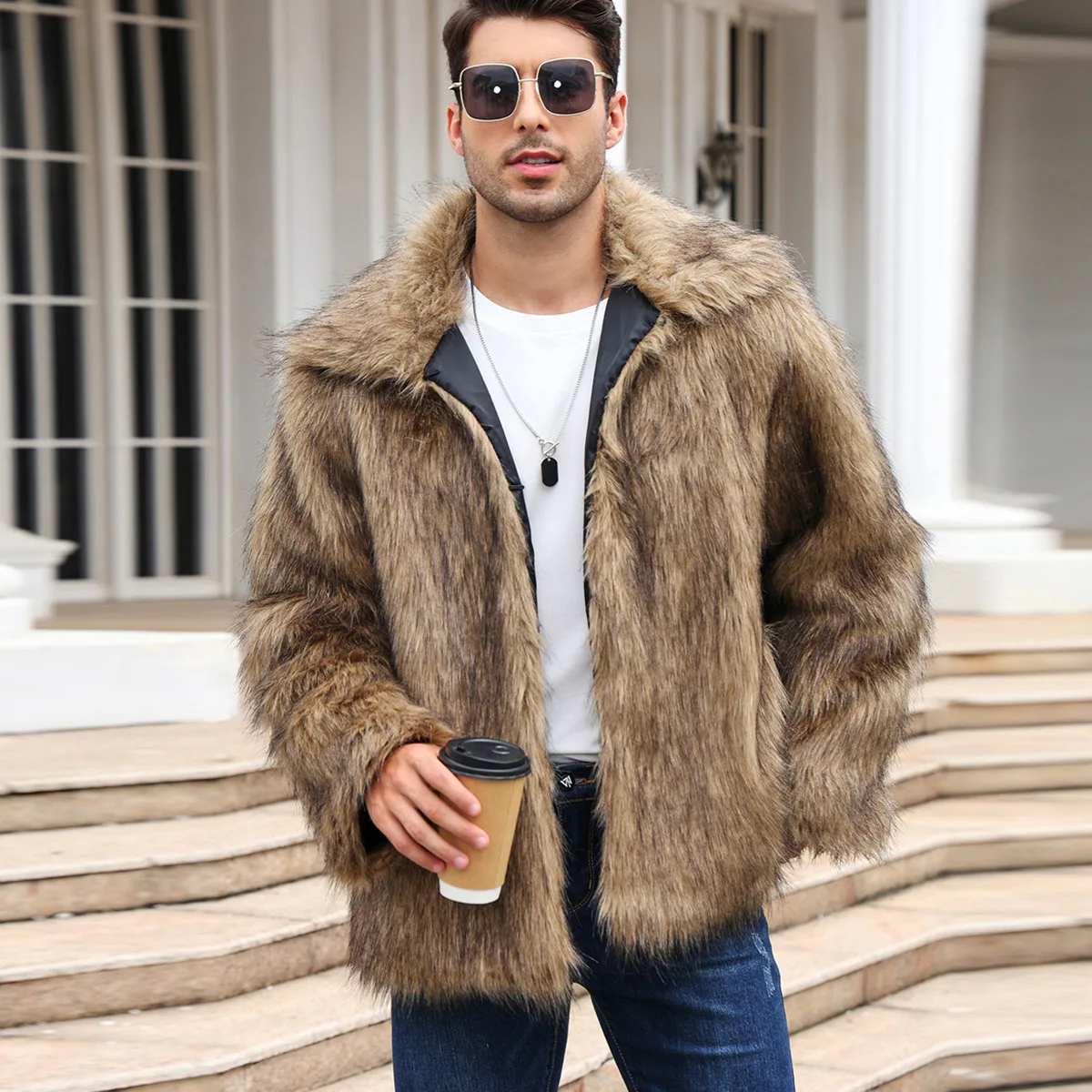 Thermal Long John - ผู้ชายFaux Foxขนสัตว์เสื้อแจ็คเก็ตฤดูหนาวหนาหนาแขนยาวWarm Shaggy Jacketหรูหราเสื้อขนสัตว์Bontjasแจ็คเก็ตบุรุษ