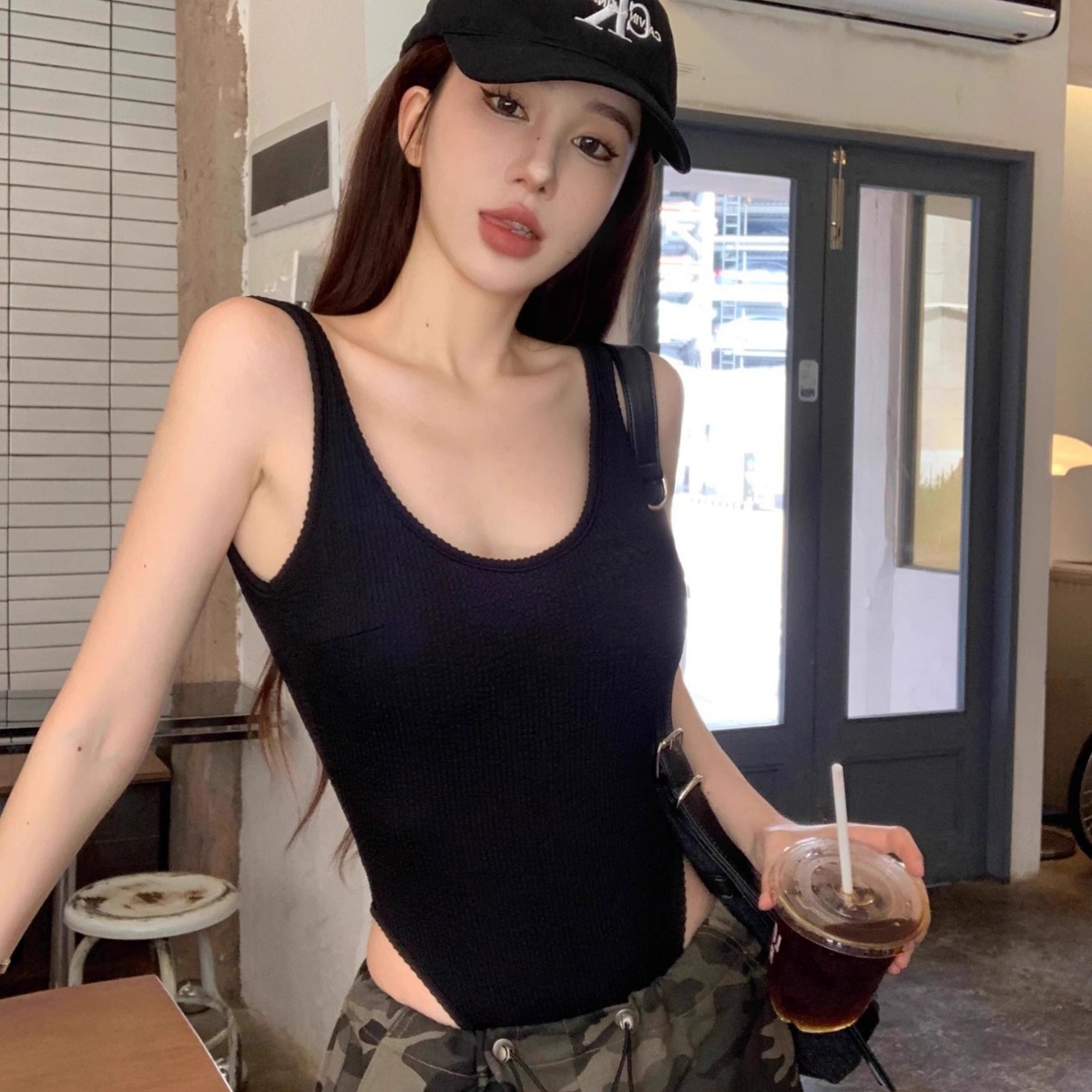 สีดํา Strappy บอดี้สูทเซ็กซี่  - Tank Top Ribbed บทวิจารณ์และราคา